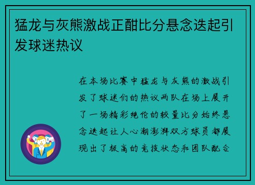 猛龙与灰熊激战正酣比分悬念迭起引发球迷热议